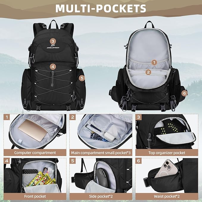 Maelstrom Hiking Backpack, 40L Waterproof Camping Daypack for Men and Women, Lightweight Travel Pack with Rain Cover-Black