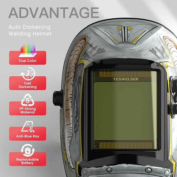 YESWELDER Large Viewing Size 3.93"X3.66" True Color Solar Power Auto Darkening Welding Helmet, 4 Arc Sensor Wide Shade 4~5/9-9/13 for TIG MIG Arc Weld Grinding Welder Mask LYG-M800H-VK