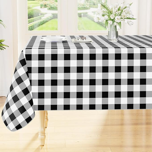 Smiry Rectangle Table Cloth, Waterproof Vinyl Tablecloth with Flannel Backing, Wipeable Buffalo Plaid Table Cover for Dining, Indoor and Outdoor (Black & White, 60"x102")