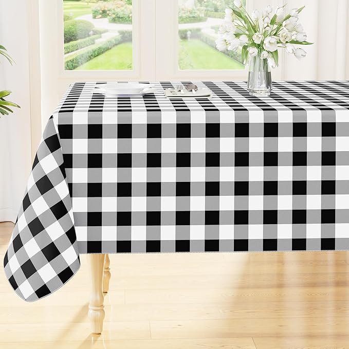 Smiry Rectangle Table Cloth, Waterproof Vinyl Tablecloth with Flannel Backing, Wipeable Buffalo Plaid Table Cover for Dining, Indoor and Outdoor (Black & White, 54"x78")