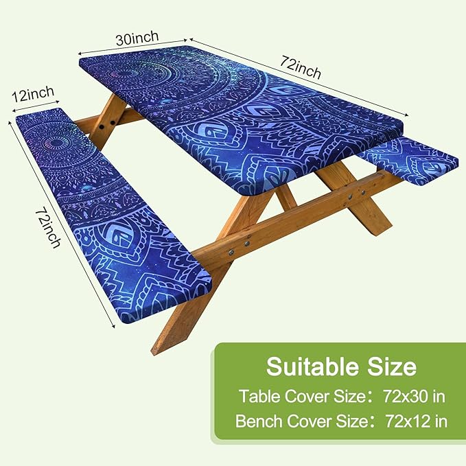 Picnic Table Cover with Bench Covers Camping Tablecloth with Storage Bag Windproof Waterproof Picnic Table Covers with Elastic for Camping