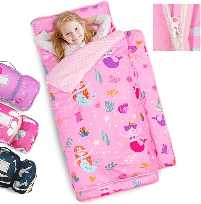 Primlect Toddler Nap Mat Extra Large Thickened 55''x35'', Soft Sleeping Bag with Detachable Minky Blanket and Pillow, Portable for Daycare, Preschool, Kindergarten, Travel, Boys and Girls