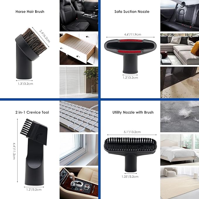 14 PCS Universal Vacuum Attachments & Brushes Kit for Shop Vac Accessories & Household Cleaning, Includes 2 1/2" to 1 1/4" and 1 7/8" to 1" Vacuum Hose Adapter,Crevice Tool & 3 Vacuum Extension Wands