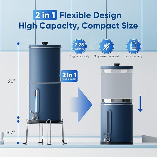 Purewell 2.25G Gravity Water Filter System with Water Level Window, 3-Stage 0.01μm Ultra-Filtration Stainless Steel Countertop System with 2 Filters and Stand, Reduce 99% Chlorine, PW-KS