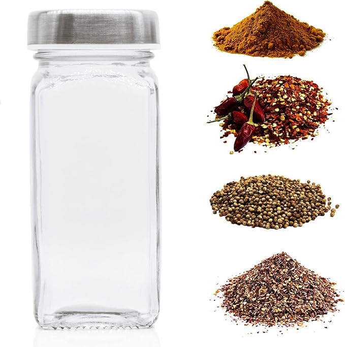 6pcs Spice Jars, 4 oz Glass Seasoning Bottles, Spices Container, Empty Spice Jars, Square Spice Bottles with Airtight Stainless Steel Caps with Shaker Lid