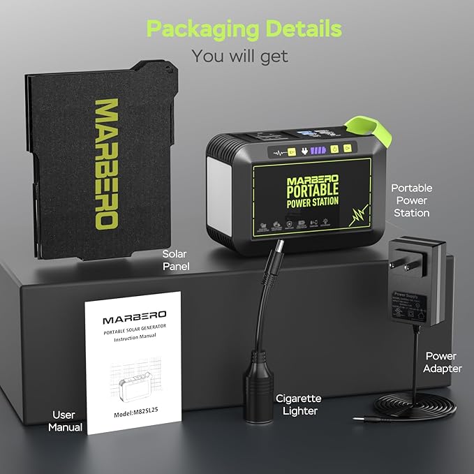 MARBERO 80W Solar Powered Generator with Panels 25W Included, 88.8Wh Lithium Battery Portable Power Station with AC Outlet 120W Peak Fast Charging 110V for Camping Outdoor Home Backup Backup RVs