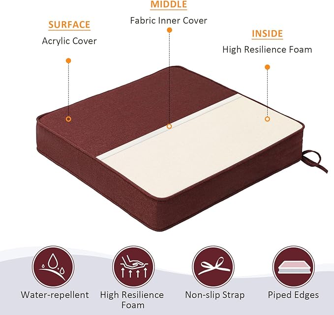 Sunbrella Square Corner Seat Cushions, 19" x 19" x 3", Set of 4, Indoor Outdoor Water Repellent Universal Chair Pads with Ties for Patio Furniture, Garden Dining Chairs, Spectrum Brick