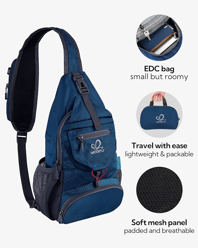 WATERFLY Packable Small Crossbody Sling Backpack Shoulder Chest Bag Daypack for Hiking Traveling