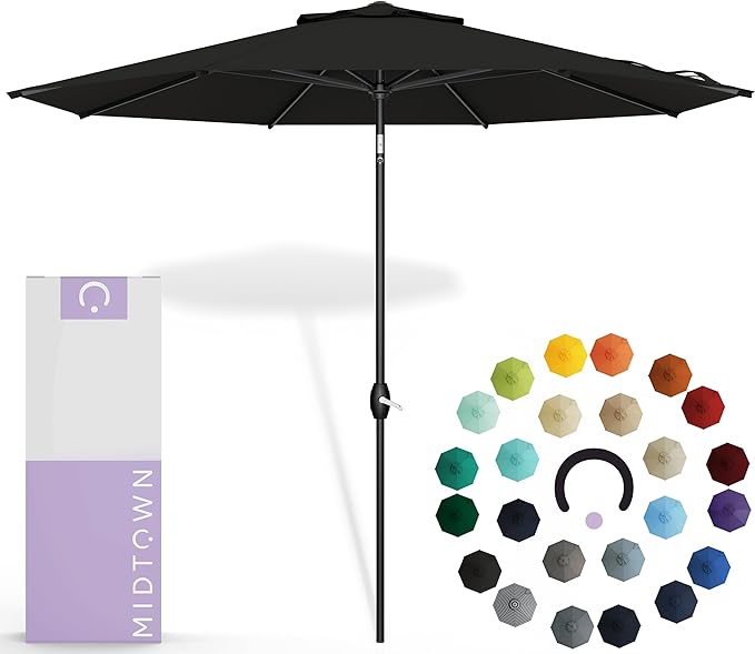 Midtown Umbrellas Sunbrella Umbrella 10 Feet Large Outdoor Umbrella With Sunbrella Black Acrylic Fabric - Auto-Tilt Aluminum Frame Large Patio Umbrella For Backyard, Deck, Garden, Pool - Black Pole
