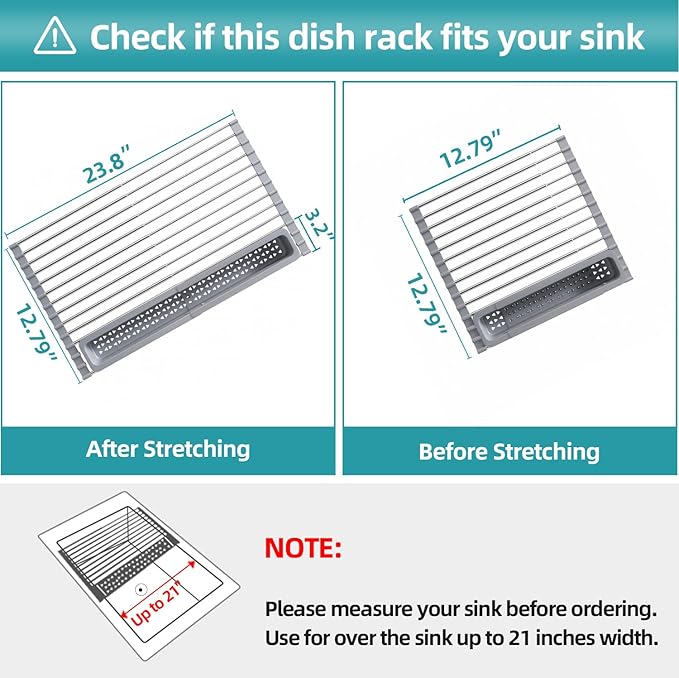 Roll Up Dish Drying Rack, Expandable (12.8"-23.8" D x 12.8" W) Stainless Steel Portable Drainer for Kitchen Sink Counter, Foldable Over The Sink Cover with Removable Utensil Holder