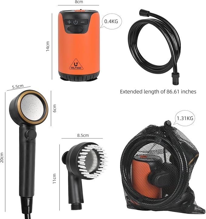 Portable Shower for Camping, 10000mAh Outdoor Electric Shower Pump Rechargeable IPX7 Waterproof Camp Shower with LED Display and 2 Head Nozzle for Camping, Hiking, Travel, Car, Pet