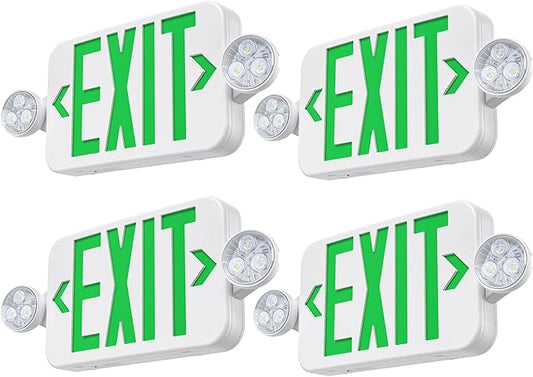 Emergency Exit Sign Lights Combo with Battery Backup, Double Sided Hardwired 6 LEDs Exit Signs, Adjustable Heads Green Emergency Exit Lighting Ceiling/Wall Mount, UL Listed, AC 120/277V (4 Pack)