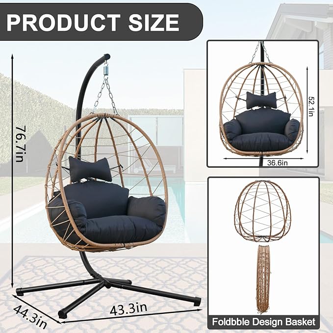 Egg Chair with Stand, Uv-Proof Pe Wicker Hanging Chair for Outdoor Patio, Cushioned Hammock Swing for Bedroom Garden Indoor/Outdoor, Double-Zipper Structure Hanging Egg Chair (Yellow and Black)