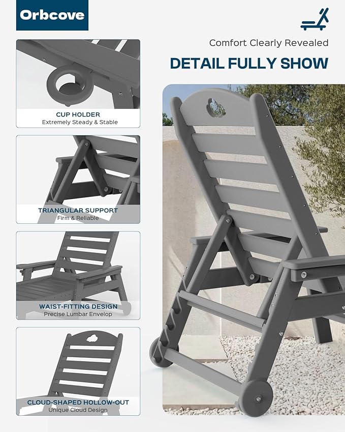 Oversized Chaise Lounge Chair Outdoor with Wheels & Cup Holder, 6-Position Adjustable HDPE Patio Lounge Chair for Poolside, Garden, Deck & Lawn (Grey, 2-Piece)