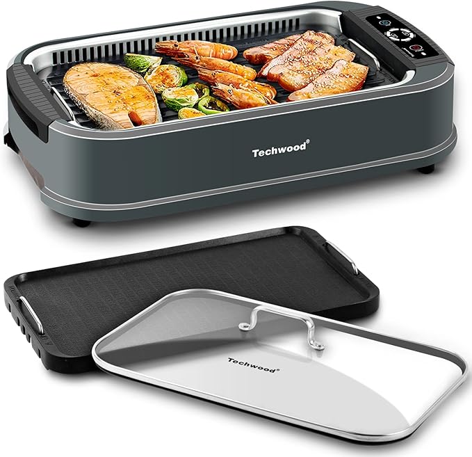 Techwood Indoor Grill Smokeless Grill, 1500W Indoor Korean BBQ Electric Tabletop Grill with Tempered Glass Lid, Removable Grill and Griddle Plates with Drip Tray, Gray