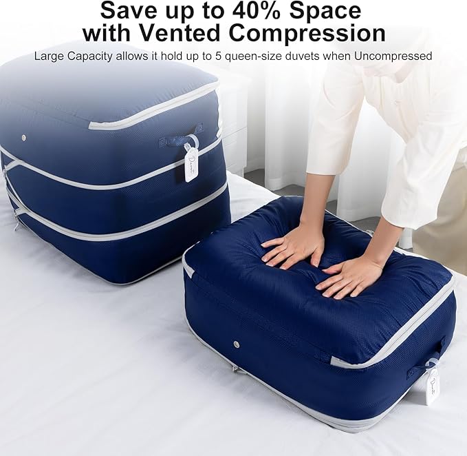 Comforter Storage Bag - Large Capacity Blanket Storage Bags 3-Layer Ultra Space Saving Self Compression Organizer, Washable Compression Bags for Storage Comforter Blanket, 6-Pack, Navy Blue