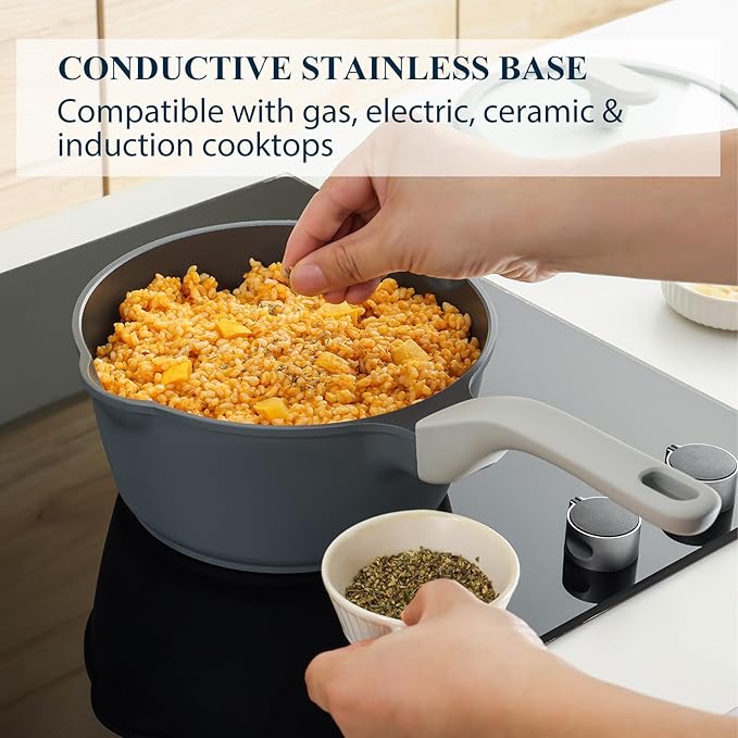 Nonstick Pots and Pans Set, 9 Pieces Non Toxic Ceramic Cookware, Nonstick Pan Skillet, Healthy Frying Pan, PTFE PFOA & PFAS Free, Induction Compatible, Gray