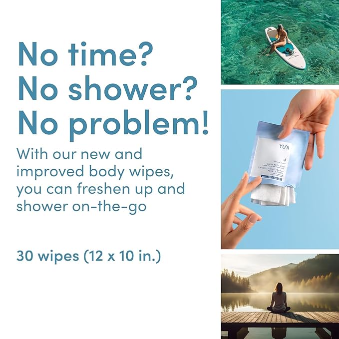YUNI Beauty Large Body Wipes (Unscented, 30 Count) Super Soft Moist Showerless that Cleanse & Deodorize - On-the-Go Waterless Body Cleanser - Biodegradable Individually Wrapped Wipes for Travel