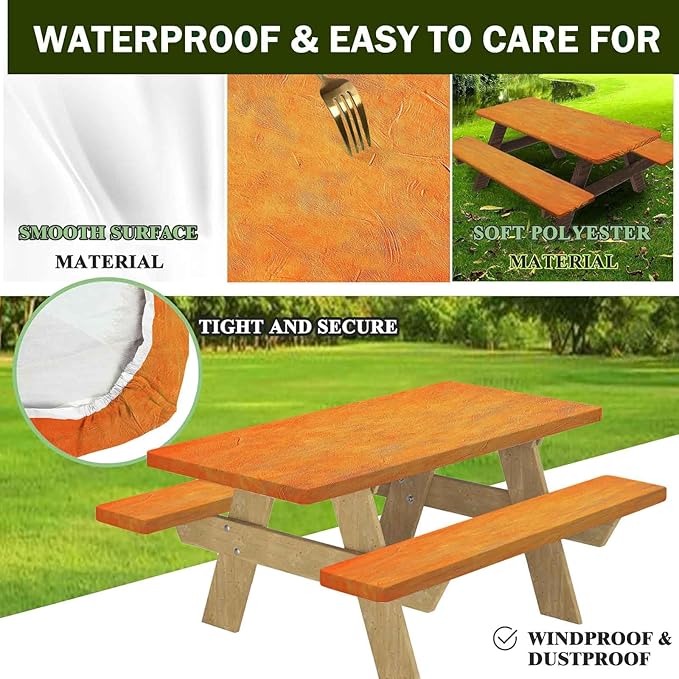CAPSCEOLL Elastic Picnic Table Cover with Bench Covers 5Ft Waterproof Fitted Picnic Table Cover Cloths for Outdoors Camping Tablecloth with Drawstring Bag, 60X30in, Burnt Orange