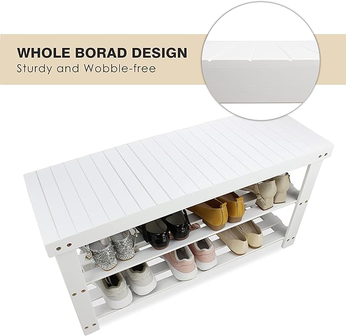 SMIBUY Bamboo Shoe Rack Bench, 3-Tier Shoe Organizer Storage Shelf for Entryway Hallway Bathroom Living Room (White)