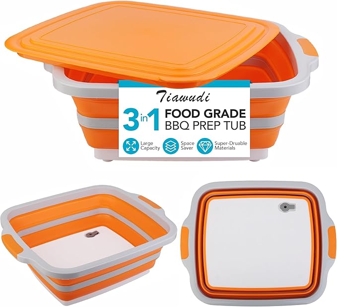 Tiawudi Large Collapsible BBQ Prep Tub with Lid(4.22 Gal/16L), Foldable Camping Sink with Colander, Cutting Board, Dish Basin for Kitchen, Bowl, Vegetable and Fruit, Storage Basket for Picnic