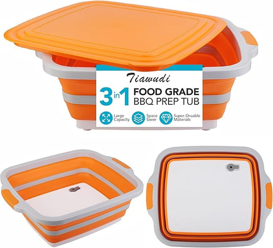 Tiawudi Large Collapsible BBQ Prep Tub with Lid(4.22 Gal/16L), Foldable Camping Sink with Colander, Cutting Board, Dish Basin for Kitchen, Bowl, Vegetable and Fruit, Storage Basket for Picnic