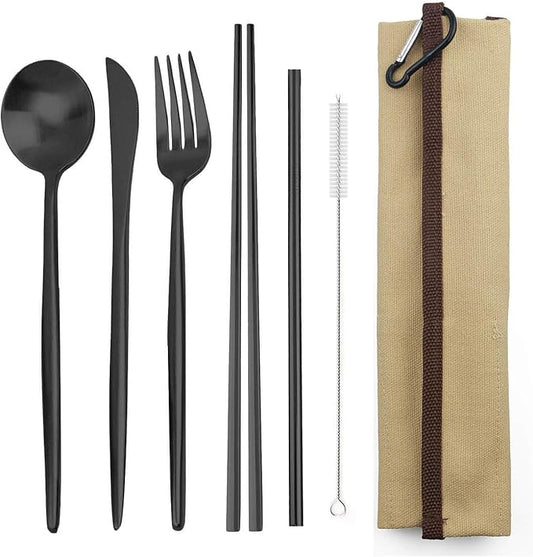 Portable 6 Pieces Flatware Set, 304 Stainless Steel Knife, Fork, Spoon, Chopsticks, Metal Straw, Cleaning Brush, Durable Travel Cutlery Set, Beige Pouch Bag, Black
