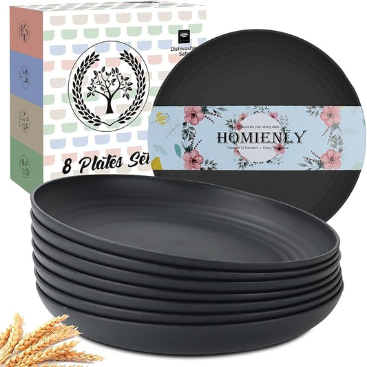 Homienly Deep Dinner Set of 8 - Alternative to Plastic, Microwave & Dishwasher Safe Wheat Straw Plates - Unbreakable for Kids - Black, 9 inch