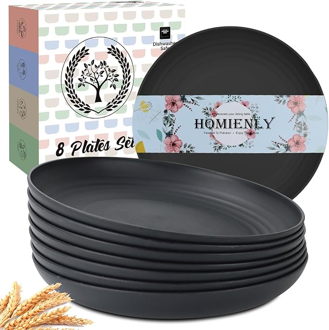 Homienly Dinner Set of 8 - Alternative to Plastic, Microwave & Dishwasher Safe Wheat Straw Unbreakable Kids Plates (Black, 10 inch)