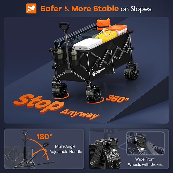 38"L Collapsible Wagon Cart Foldable, 460LB Weight Capacity 220L Heavy Duty Folding Beach Wagons with Big All-Terrain Wheels, Utility Carts for Groceries, Shopping, Camping, Sports - Black