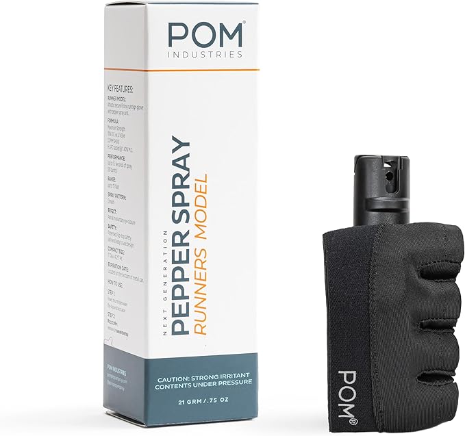 POM Pepper Spray Runner Model - Max Strength OC Spray - Athletic Stretch-Fit Glove, Breathable & Ambidextrous Design, Essential Runners Safety Gear, Flip Top, 35+ Bursts, 10-12 ft Range