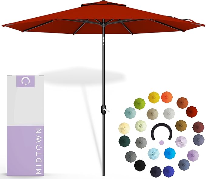 Midtown Umbrellas 10-Year-No-Fade - 8 Ft - UV Proof Apple (Red) Polyester Fabric - Umbrella Outdoor Patio, Auto-Tilt Aluminum Frame Patio Umbrella for Garden, Pool & Deck - Black Pole