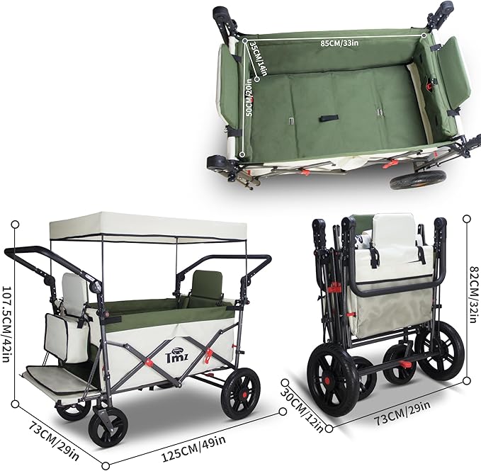 TMZ Foldable Wagon with Canopy, Collapsible Folding Wagon with Adjustable Handle Bar, Multi Functional Cart with Expansion Accessories, Front Expandable Transport Camping Wagon (Green/Beige)