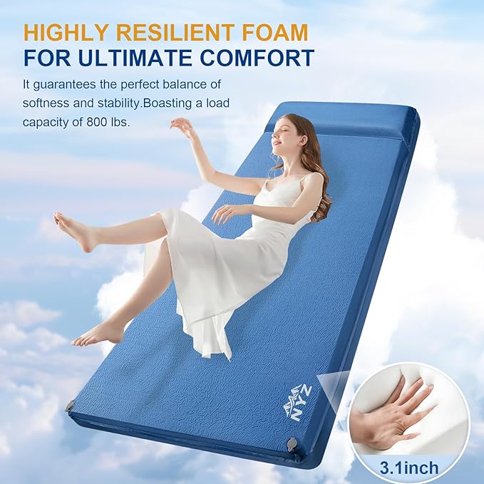 NYZ Self Inflating Sleeping Pad for Camping 3.1" Ultra-Thick Memory Foam Camping Mattress 20s Quick Inflation Camp Mat with Pillow Waterproof 4-Season for Camping Travel Tent Car