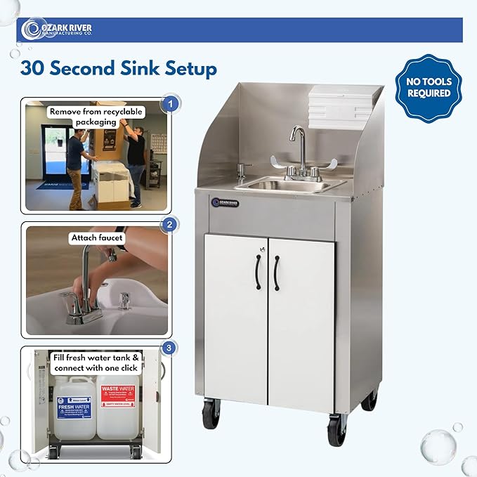 Ozark River Portable Sinks Elite PRO1, Free Standing Portable Concession Sink, Commercial Restaurant Portable Sink with Hot Water, Stainless Food Service Sink, White & Black Doors-Splashguard