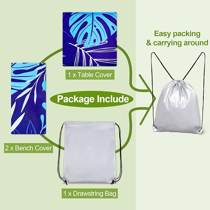 Picnic Table Cover with Bench Covers Camping Essentials Waterproof Windproof Camping Tablecloth with Drawstring Bag, Fitted Rectangle Tables and Seats, 72in, Navy Blue