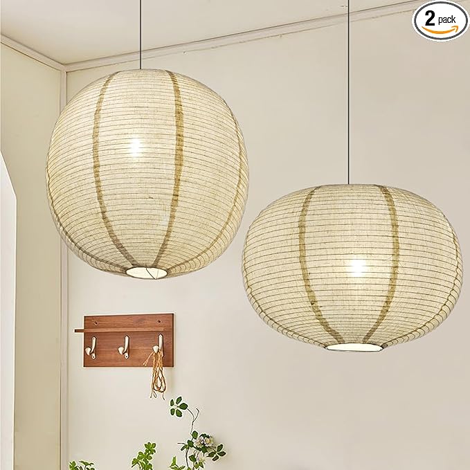 2PCS Burlap Pendant Light Shades ??16" Oval & Flat Round Shapes, Boho Natural Hanging Fabric Lampshades for Bedroom, Living Room, Kitchen Island, Storefront & Minimalist Decor
