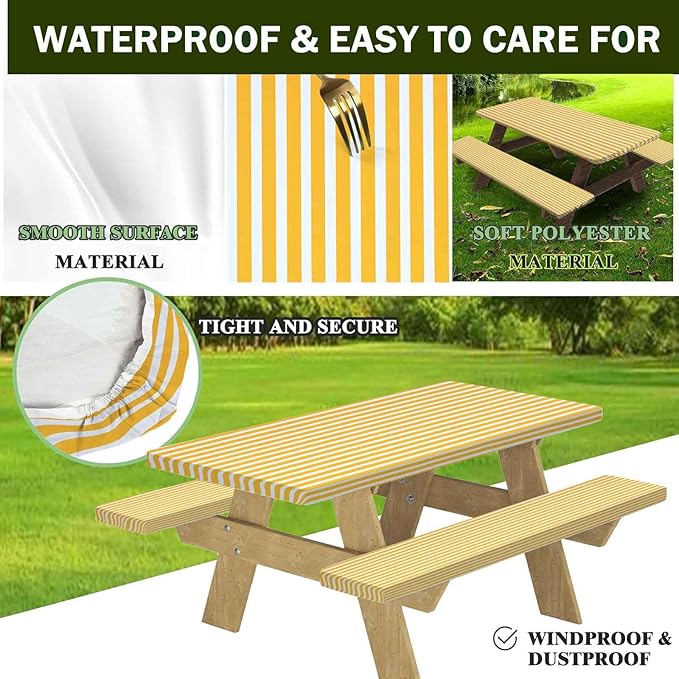 CAPSCEOLL Fitted Picnic Table Cover with Bench Covers with Elastic 8Ft Waterproof Camping Picnic Table Cover Cloths for Outdoors Camping Tablecloth with Drawstring Bag, 96X30in, Orange White
