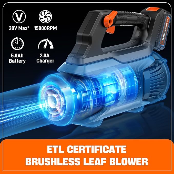 SENIX 20V Max Leaf Blower, Cordless, Brushless, Handheld, Up to 450 CFM and 100 MPH, 2 Speed Mode, Cruise Control, Lightweight, 5.0 Ah Battery and Charger Included (BLAX2-M3)