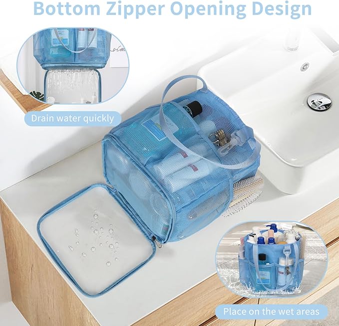 Mesh Shower Caddy Portable for College Dorm Room Essentials, Shower Tote Bag with Hanging Hook and Drawstring, Quick Dry Toiletry Bag with 6 Pockets for Bathroom, Swimming, Gym, Camping, Beach, Travel
