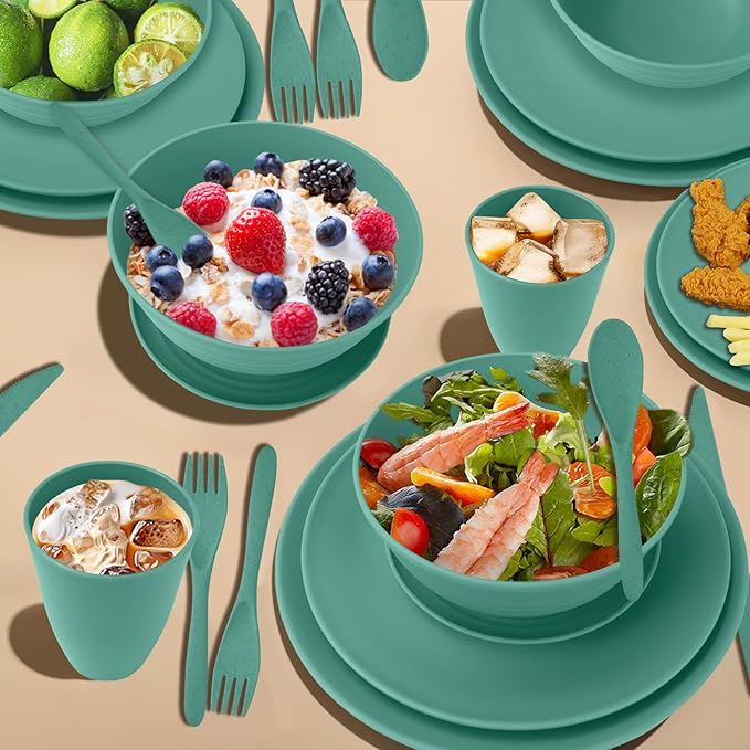 64-Piece Service for 8 Dinnerware Set - Unbreakable Wheat Straw Dinnerware sets of 64 - Dinner plates/Snack plates/Cereal bowls/Drinking Cups/Cutlery for Outdoor camping and indoors.Green