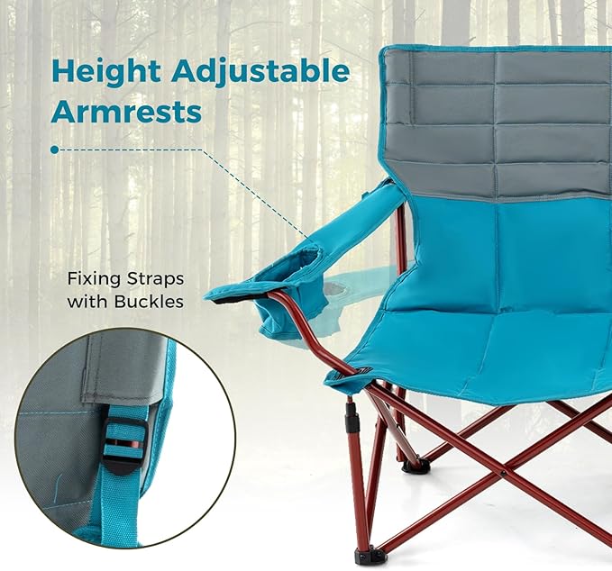 Tangkula 2 Person Oversized Camping Chair, Fully Padded Folding Loveseat Camp Chair with Adjustable Armrests, Cup Holders, Carrying Bag, Portable Double Outdoor Lawn Chair for Camping