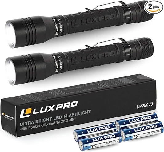 LUXPRO LP290V3 LED Flashlight - Bright 300 Lumens with 3 Light Modes - Aircraft-Grade Aluminum with IPX4 Waterproof Protection & Patented TackGrip - Camping, Outdoor, Home - Batteries Included 2 Pack