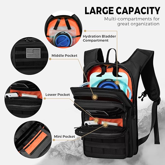 Tactical Hydration Backpack with 2L Water Bladder and Front Small Tactical Pouch, Outdoor Water Backpack for Men Women, Sports Hydration Pack for Hiking, Cycling, Climbing