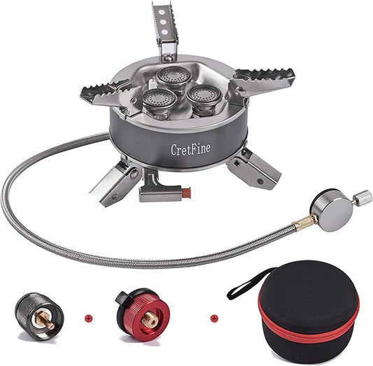 6800W Windproof Camping Stove with Adapters, Foldable Backpacking Triple Burner with Portable Case, Piezo Ignition, Compatible with Propane, Butane, and Isobutane for Hiking, Camp Cooking