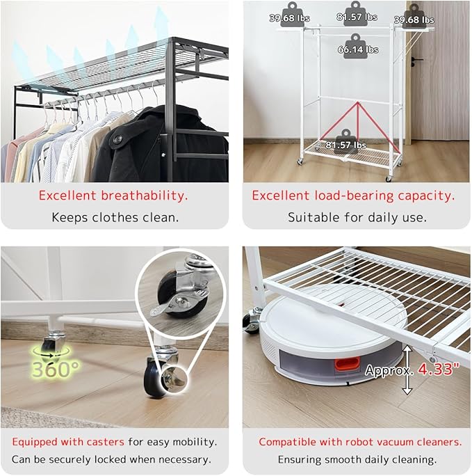 lumizone Folding Clothing Rack with Wheels Expandable Wardrobe Portable Clothes Rack for Hanging Clothes Adjustable Closet Shelves Garment Rack Durable Closet Racks for Hanging Clothes(White)