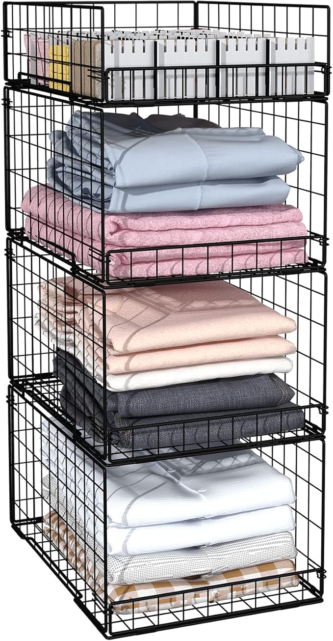 4 Pack Closet Organizers and Storage Shelves for Clothes, 4 Tier Stackable Closet Storage Basket Bin Container for Clothing Sweater Jean, Narrow, Foldable, Sturdy Metal Closet System Organizer Shelf