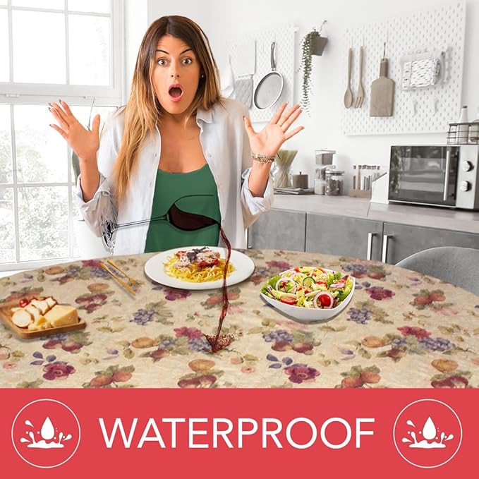 LAMINET Elastic Fitted Table Cover - Antique Fruit - Large Round - Fits Tables up to 45-56” Diameter