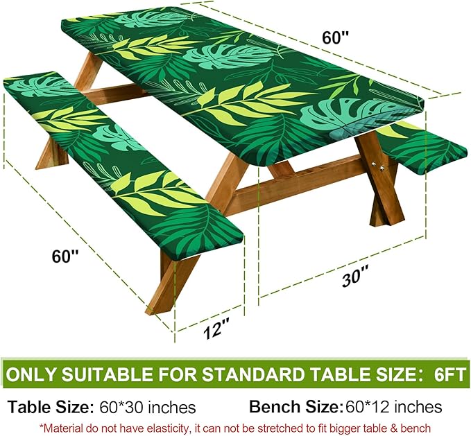 Picnic Table Cover with Bench Covers Camping Essentials Waterproof Windproof Camping Tablecloth with Drawstring Bag, Fitted Rectangle Tables and Seats, 60in, Dark Green