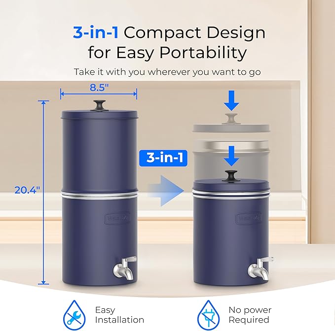 Waterdrop 2.25G Gravity Water Filter System, NSF/ANSI 42&371 Standard, Stainless Steel System with 2 Carbon Filters, Reduces 99% of Lead and Chlorine for Home, Camping, Emergencies, King Tank, Blue